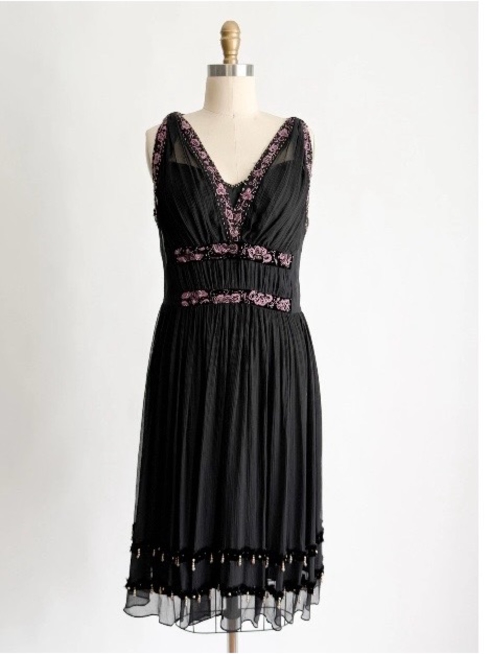 ECI New York Midi Dress Y2K Flapper Black Pink beading Embroidered Velvet Sz. 10
